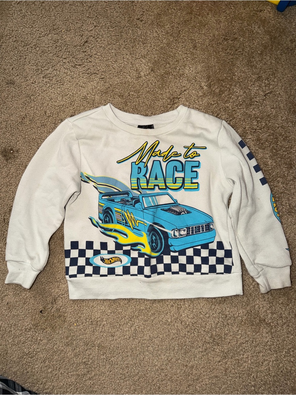 Hot Wheels White 'Made to Race' Graphic Kids Sweatshirt - Blue & Yellow Car